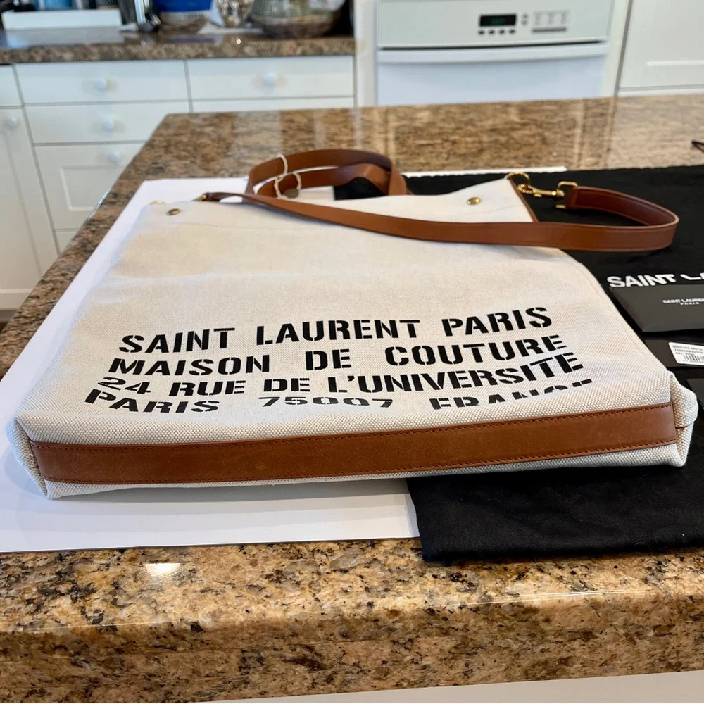 NWT Saint Laurent Universite North South Foldable Tote Bag Canvas Smooth Leather - Picture 2 of 16